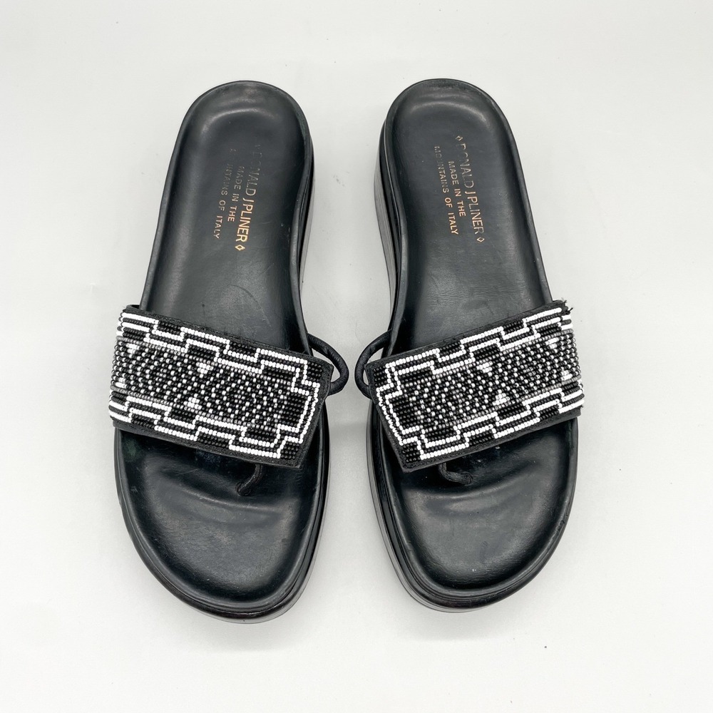 Donald J Pliner Womens 7.5M Fifi Beaded Platform Sandals Black White Boho Wedge